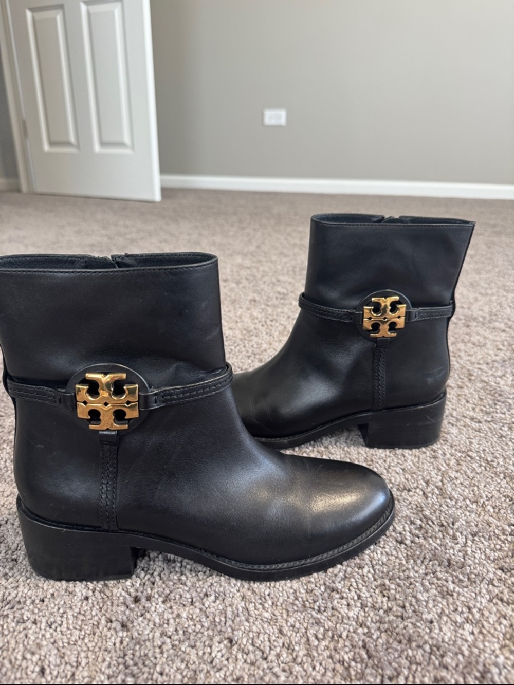 Tory Burch Black Leather Ankle Booties with Gold Logo Medallion